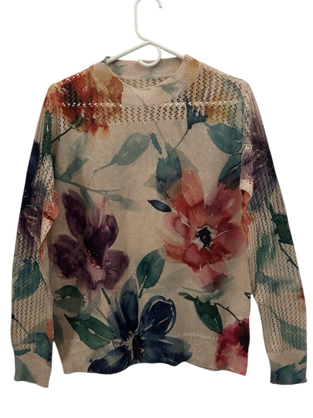 Open-Knit Floral Crewneck Sweater - Cream Floral